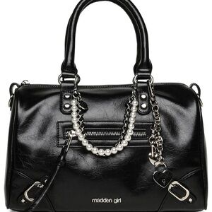 NWT Madden Girl Macy Black Satchel Bag Pearl Heart Charm Chain Moto Moto-Chic